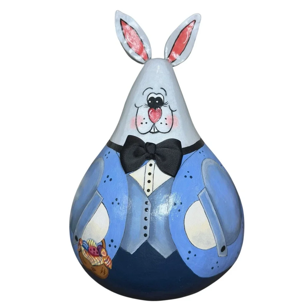 Hand‎ Painted Gourd Bunny Figurine Folk Art Rabbit Easter Decor Signed OOAK